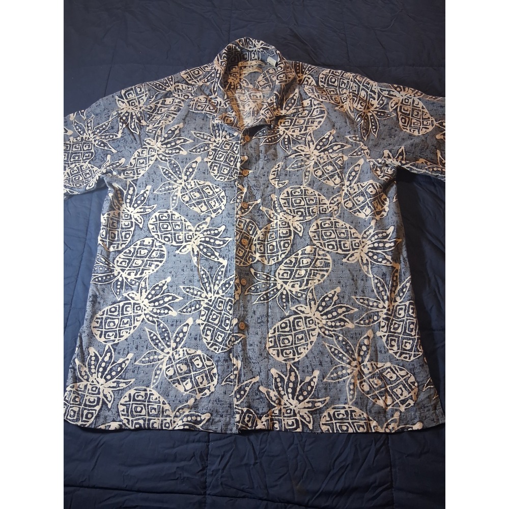 Batik Bay Mens Large Silk Pineapple Aloha Camp Shirt Blue Short Sleeve Tropical‎